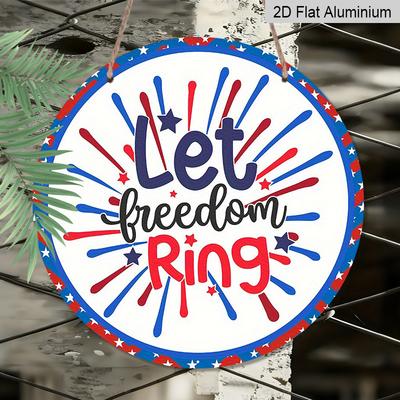 2D Flat, 1pc 'Freedom Call' Patriotic July 4th Independence Day Round Metal Wreath Sign, 7.87X7.87 Inches, Aluminum - Bright American Flag Design