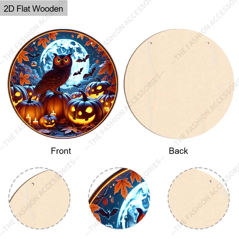 Halloween Owl Pumpkin Moon Round Flat Wooden Hanging Sign