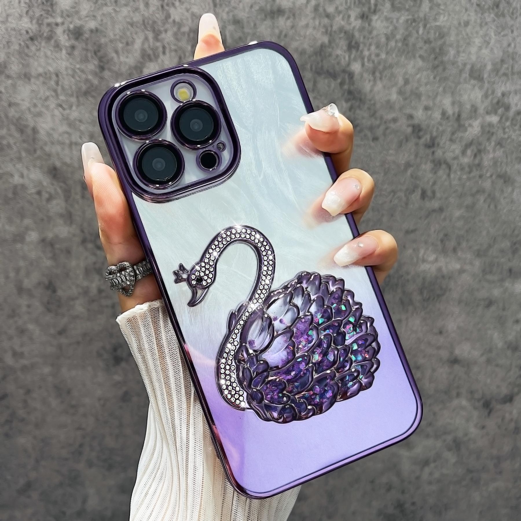 

For iPhone 14 Pro Max Case Feather Yarn Texture Quicksand Swan Anti-Drop TPU Phone Cover with Lens Film Purple