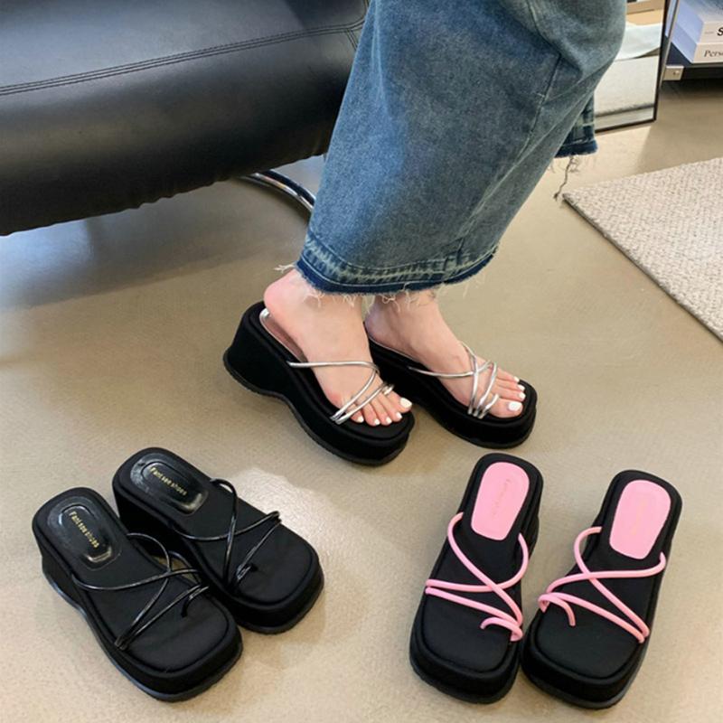 

2024 Summer Clip Toe Women Slippers Fashion Elegant Narrow Band Shoes Ladies Casual Outdoor High Wedges Heel Sandalias