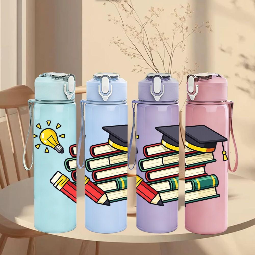 1PC Graduation Book Pencil Theme 750ml Color Plastic Sports Water Bottle Leakproof Flip Straw Lid Suitable for Sports Office Home Use
