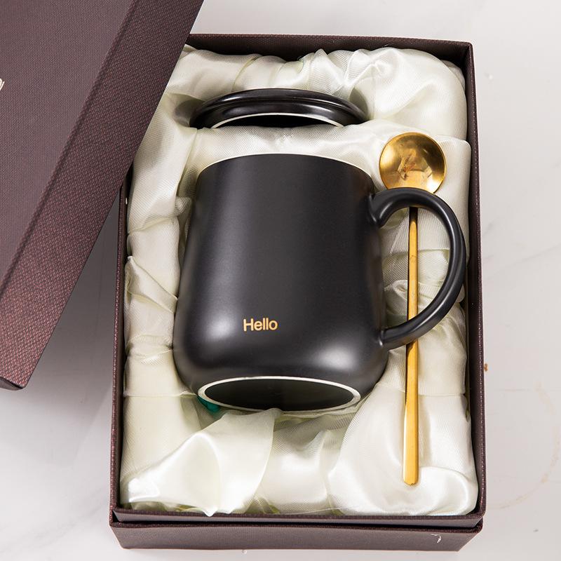 Simple Mug with Lid Spoon Ceramic Cup Hotel Room Water Cup Opening Gift Box Coffee Cup