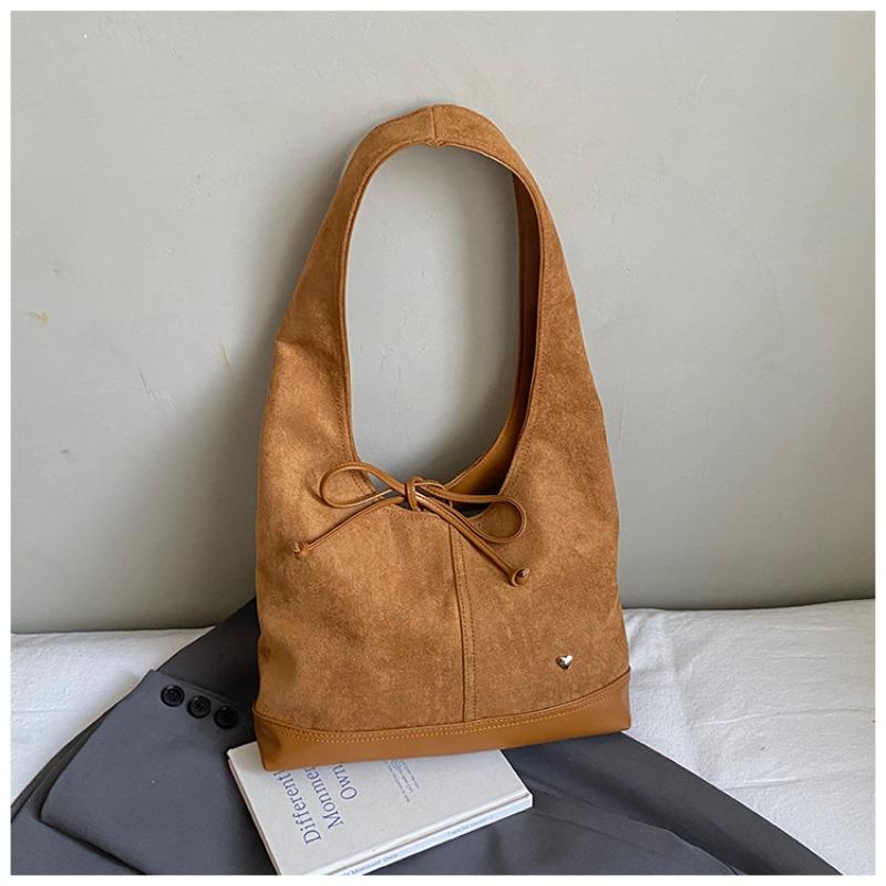 Bag women's new large-capacity retro suede tote bag French bow shoulder bag bucket armpit bag