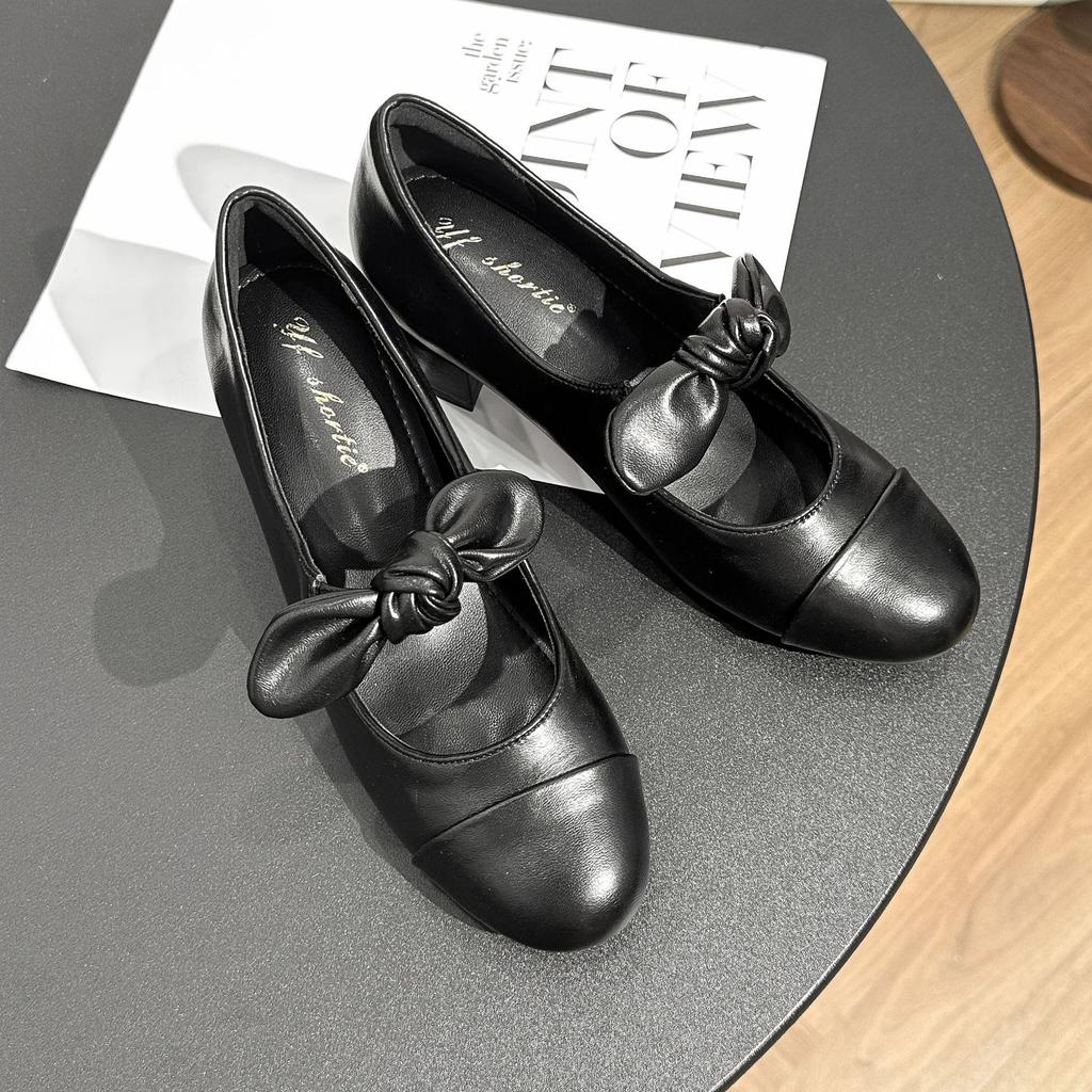 Sheepskin~ inner height increase thick heel single shoes women's height increase 7cm bow color matching round head high heel small fragrant Mary J