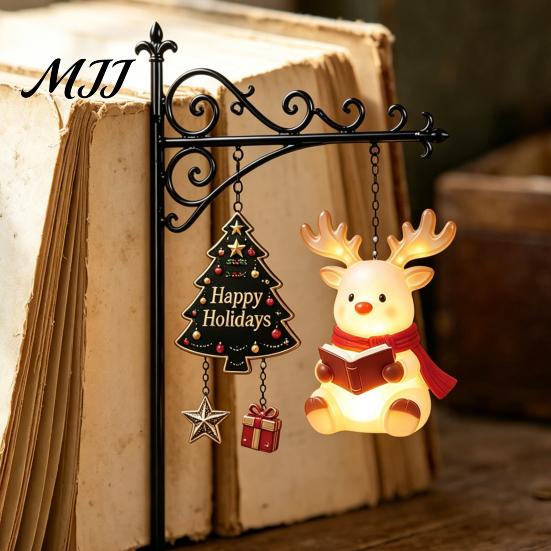 Vintage Library Lantern Decor Christmas Lantern, Mini Decorative Bookshelf Reading Lamp, Metal LED Dark Academic Room Night Light with Happy