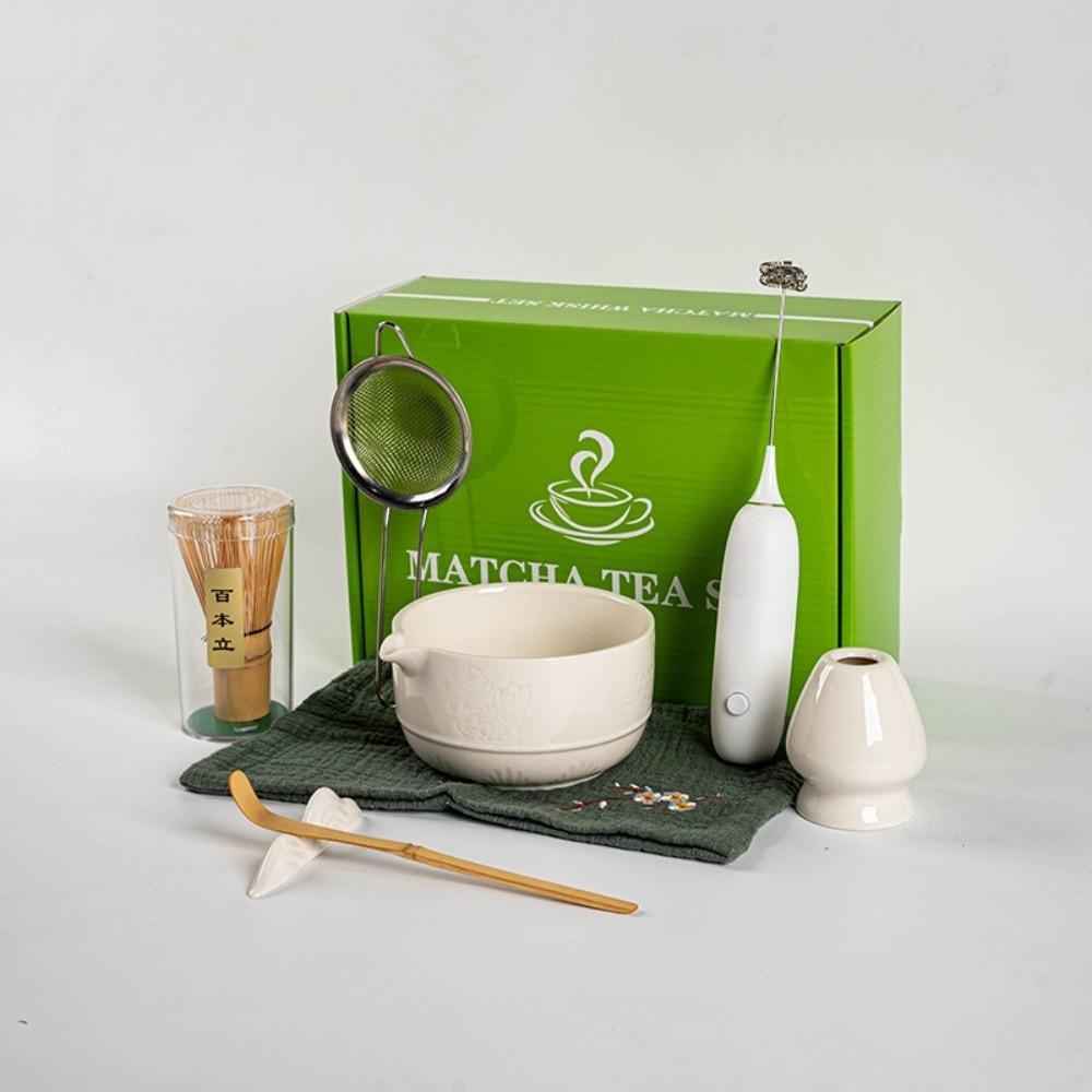 8PCS Bamboo Ceramic Japanese Matcha Tea Set Food Grade Reusable Matcha Stirring Brush With Electric Blender Japanese Chasen