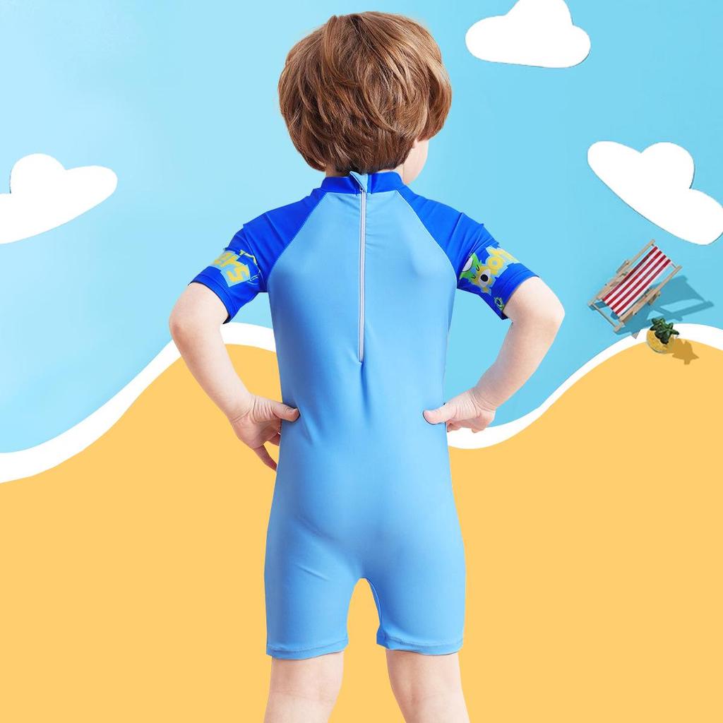 Chlapecké kreslené jednodílné plavky s krátkým rukávem na zip a ochranou proti slunci (2025)
