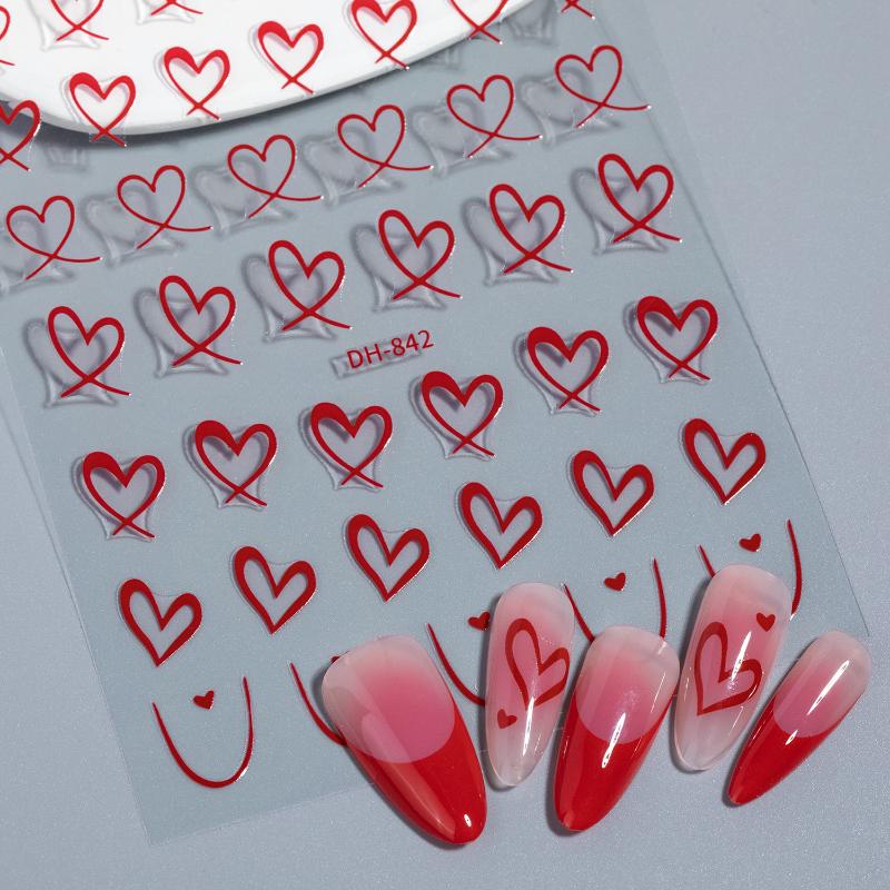 1 Sheet Nail Art Stickers 3D Cute Heart White Gold Silver Lines Love Heart Nail Decals Diy Adhesive Slider Manicure Decorations