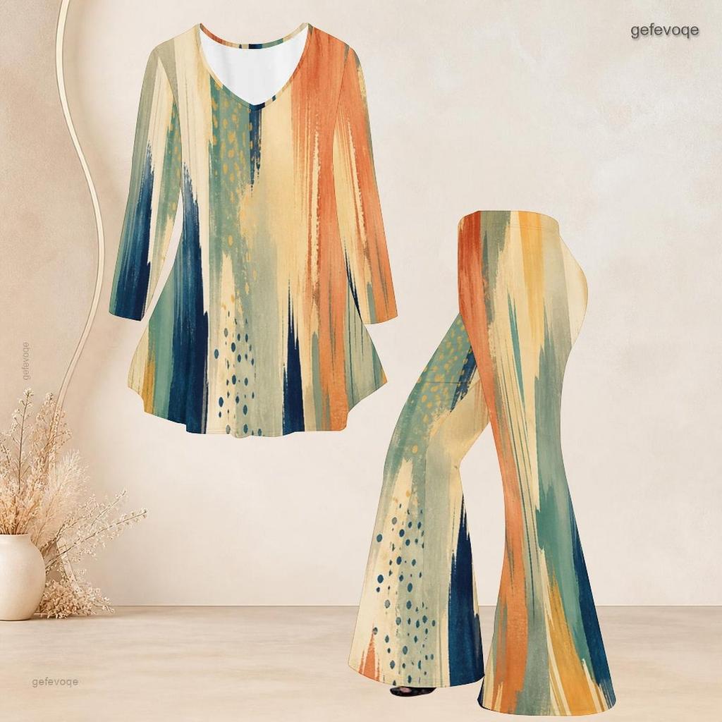 Women Plus Size Round Neck Three Quarter Sleeve Printed Flared Top Flared Pants Two Piece Set