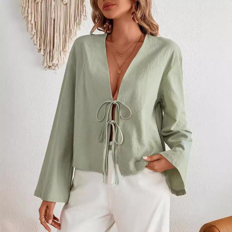 Blouses &Shirts Fashion Women's Clothing Lace-up Long-sleeved Top Shirt Casual Loose V-neck Hollow Solid Color