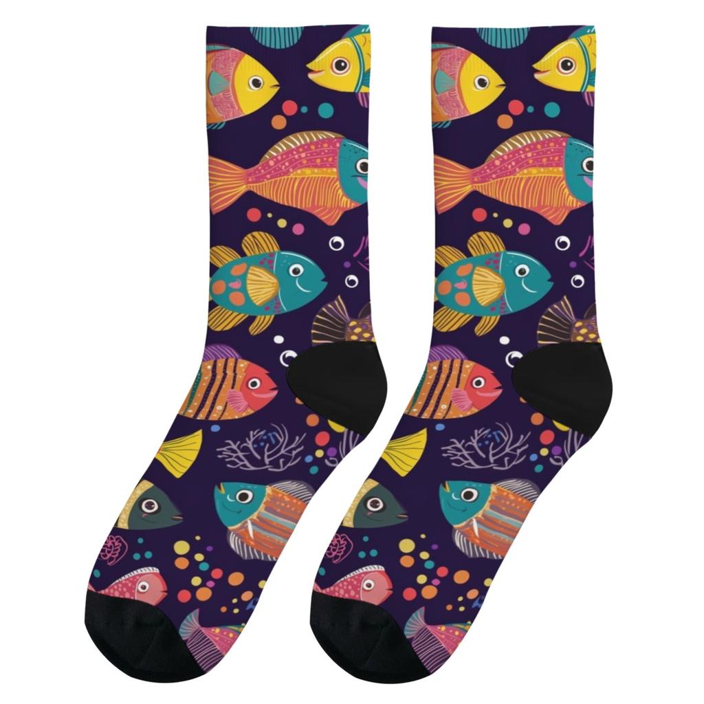 Ocean Elements Bunter Fischdruck Unisex Mode Socken Harajuku Retro Abstrakte Kunst Crew Socken Weiche Atmungsaktive Freizeit Sportsocken