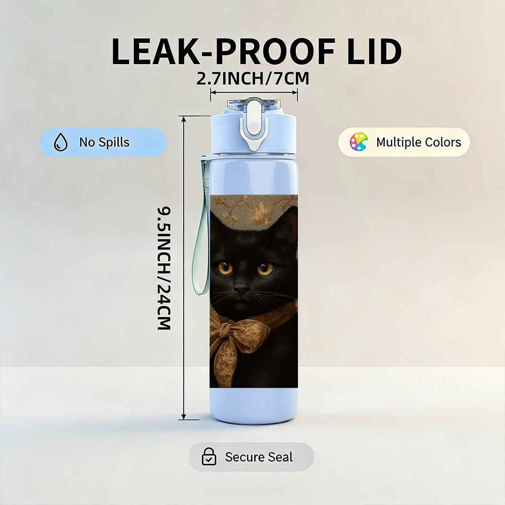 1PC Sleepy Black Cat Portrait 750ml Color Plastic Sports Water Bottle Leakproof Flip Straw Lid Suitable for Sports Office Home Use
