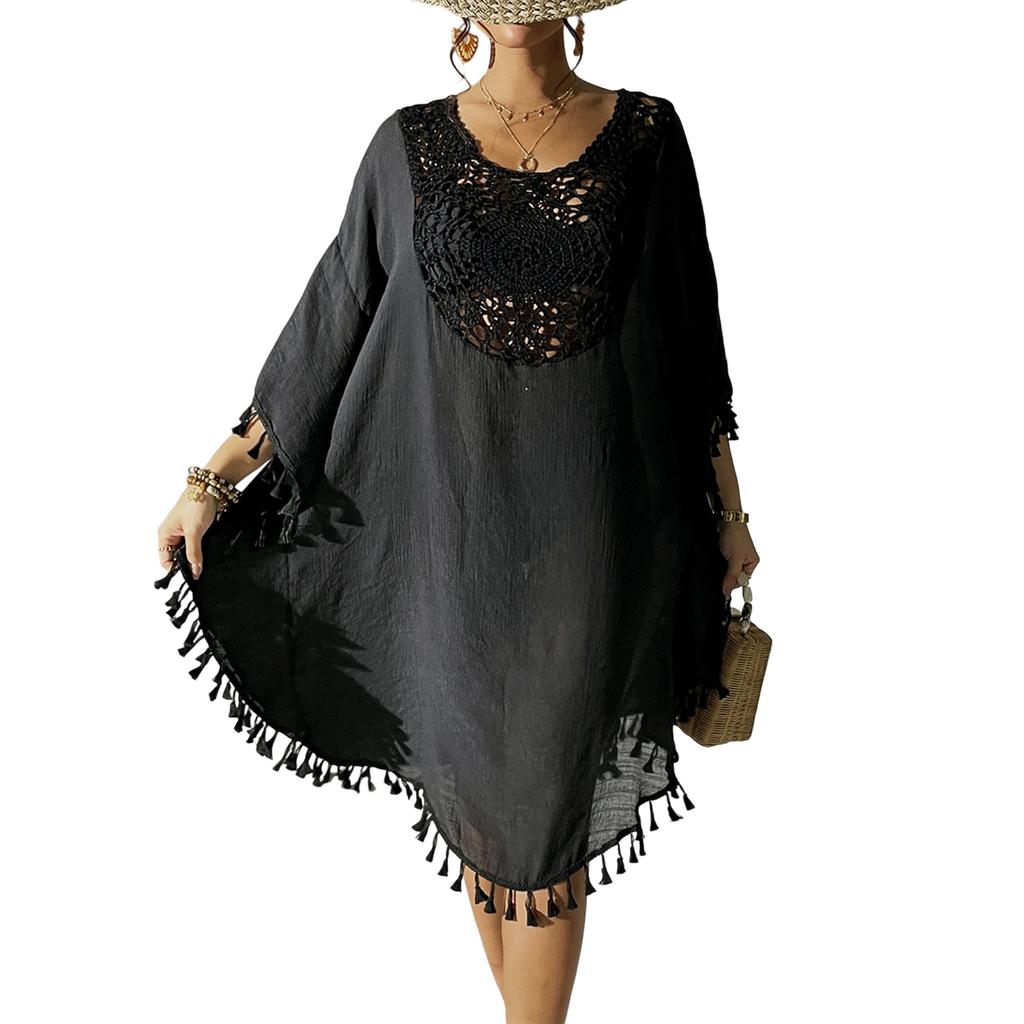 Women's Loose Fitting Casual Vacation Short Sleeved Patchwork Fashion Tassel Beach Bikini Cover Up