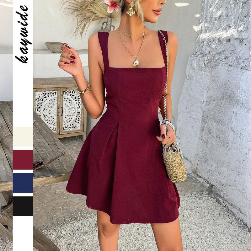 Women S Solid Color Slip A Line Short Dress Elegant Western Summer Style