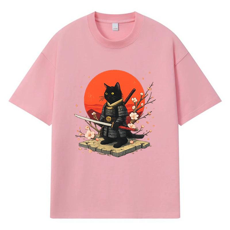 2026 Black Cat Samurai Printed Graphic Y2k Harajuku Streetwear 100% Cotton T Shirt Casual Oversized Summer Men T-shirt