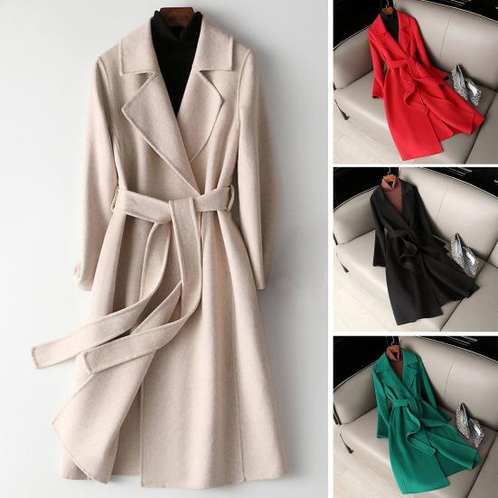 Damski Długi Wełniany Płaszcz Dwurzędowy Klapy z Wycięciem Otwarty Przód Płaszcz Trenczowy Slim Fit Jesień Zima Ciepły Płaszcz Wierzchni z Paskiem