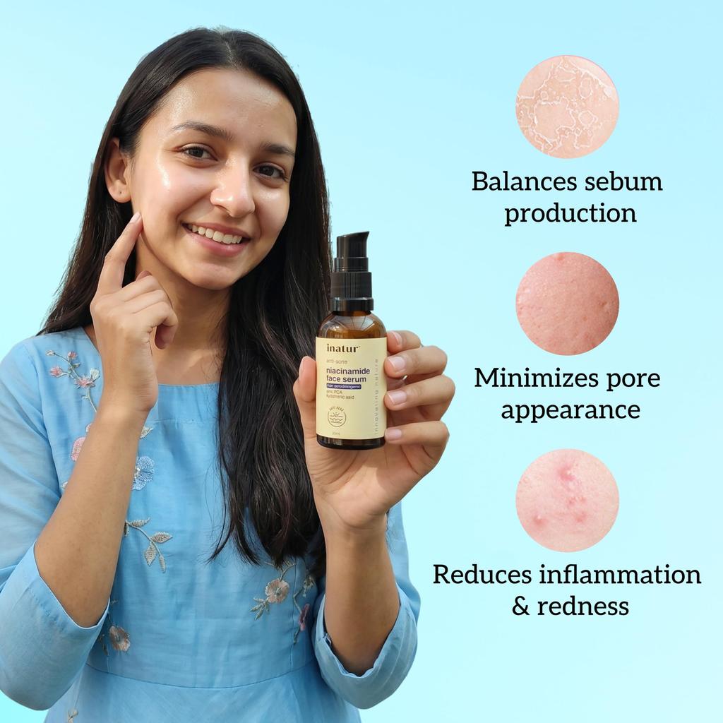 Inatur Niacinamide Face Serum for Acne Marks, Dark Spots & Oil Control | With 10% Niacinamide, Zinc PCA & Hyaluronic Acid | Pore Tightening & Skin
