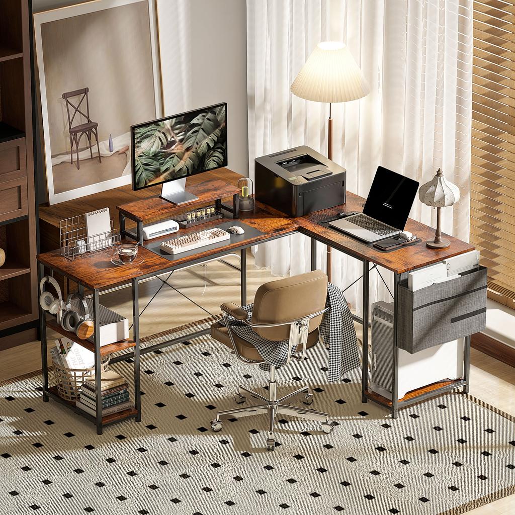 L-Shaped Desk, Versatile Office Desk with Adjustable Shelves and Storage Bag, Monitor Stand, Brown