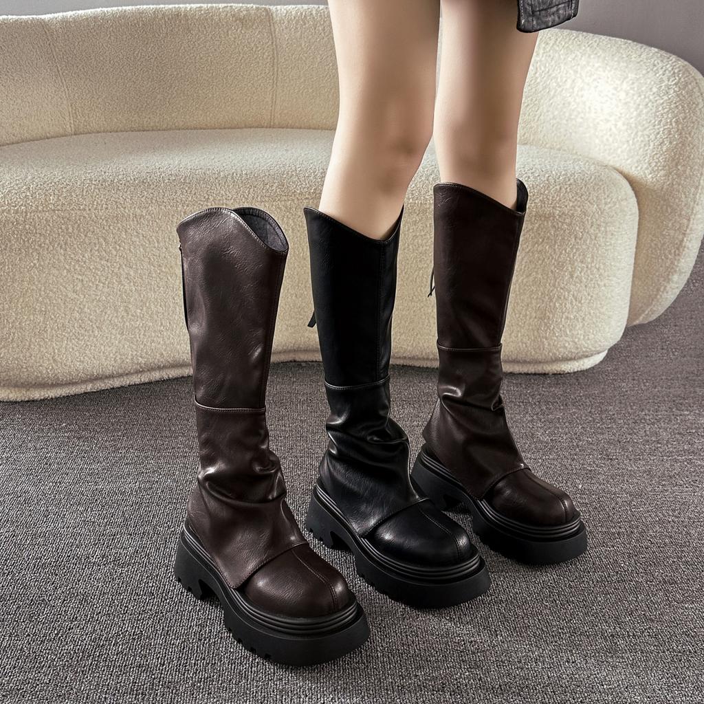 V-mouth boots children autumn and winter small thick soles but knee boots retro trousers stacked high knight boots