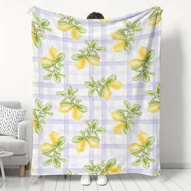 1pc Fresh Light Purple Plaid Lemon Print Flannel Blanket, Home Sofa Throw Blanket, Office Nap Small Blanket, Bedroom Warm Air-Conditioned Blanket, Por