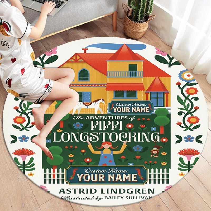 Pippi Langstrumpf Benutzerdefinierter Name Runder Teppich, Teppich für Wohnzimmer Schlafzimmer Sofa Spielzimmer Dekor, Rutschfeste Bodenmatte