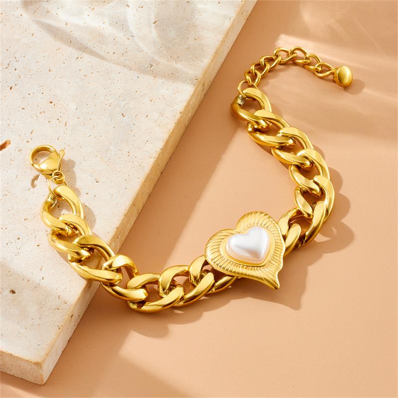 Gold Pearl In Heart Frame Jewelry Set Necklace Bracelet Earrings