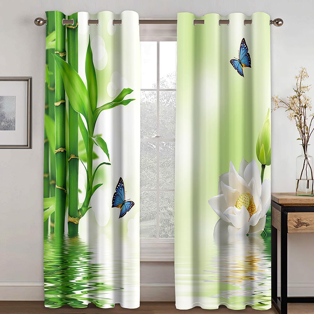 

3D бамбуковые цветы прохладные зеленые шторы пейзаж озеро применимо гостиная балкон окно декор 2 панели 120W270H(CM)X2PCS&Grommet Top