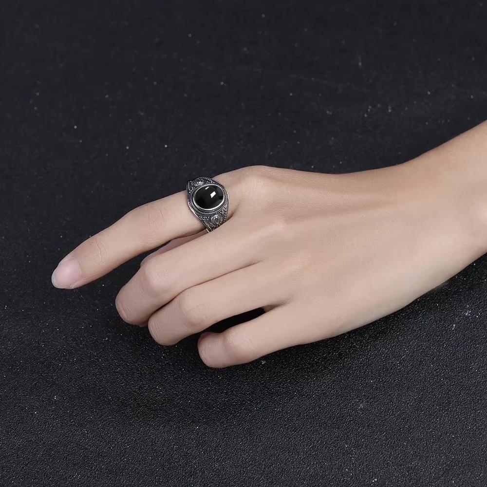 Sterling Silver 925 Vintage Rings Oval 8X10mm Rings Black Onyx Natural Fine Jewelry For Men Women Rhodochrosite Rings