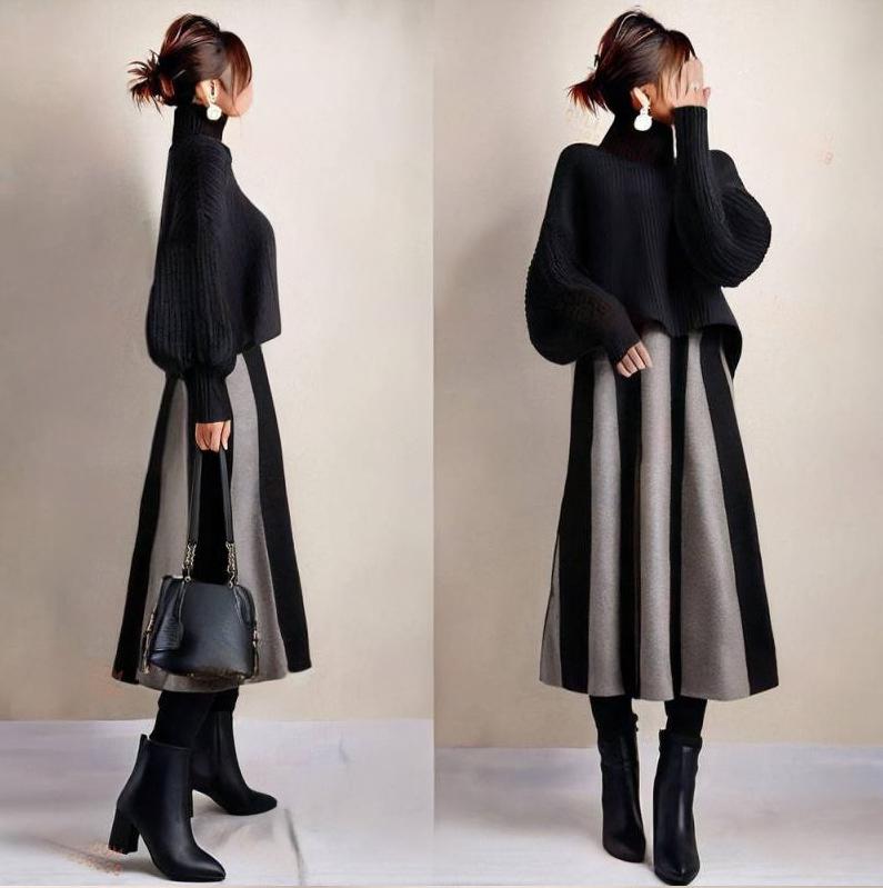 

Japanese Loose Lantern Sleeve Sweater & Patchwork Striped Skirt Set Medium