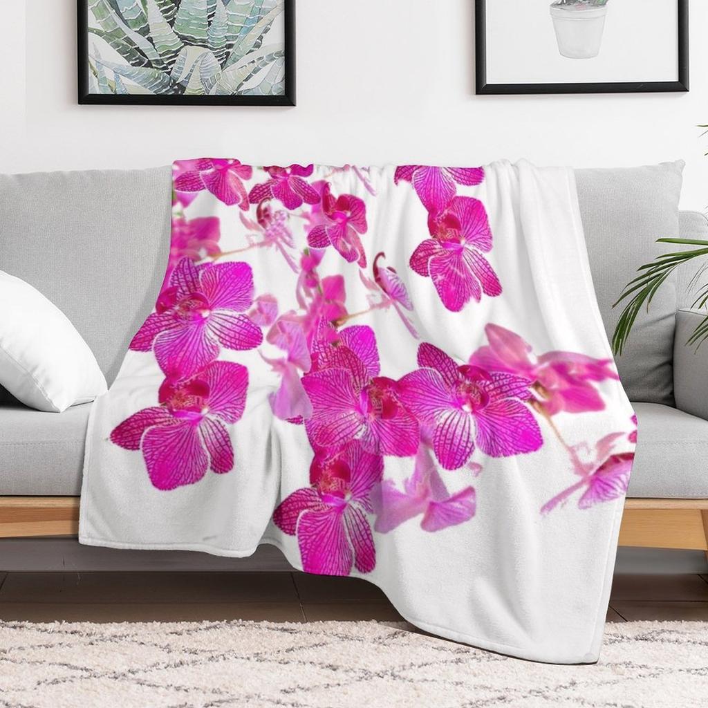 FUCHSIA PINK ORCHIDS PATTERNS WHITE ART Throw Blanket Warm Cozy Throw Blanket for Living Room Couch