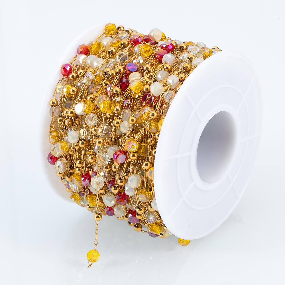 1M Stainless Steel Round Crystal Beaded Chains Gold Color Link Chain for DIY Boho Necklace Bracelet Chain Jewelry Making Materia