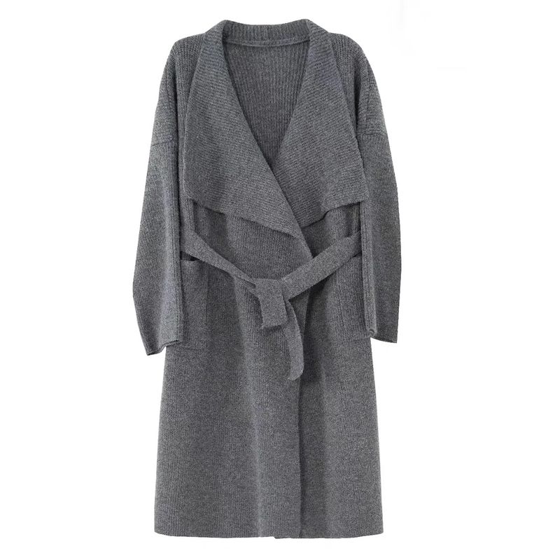 

Korean Series Long Bathrobe Style Sweater Outerwear Women 2024 Autumn New Lapel Lace-up Loose Slimming Knit cardigan Gray Little Man Edition (Length 100) M