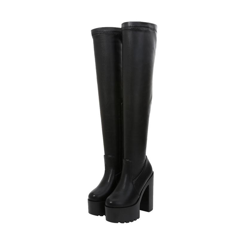 Women's Over The Knee Boots 15CM High Heel Waterproof Stretch Leather Thigh High Boots Black White ZYW-831-11