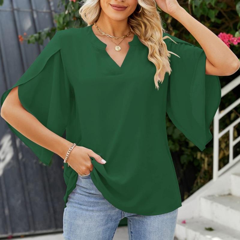 BITCED Women's Fashion Casual Solid Color Print Short Sleeve V Neck Blouses & Shirts