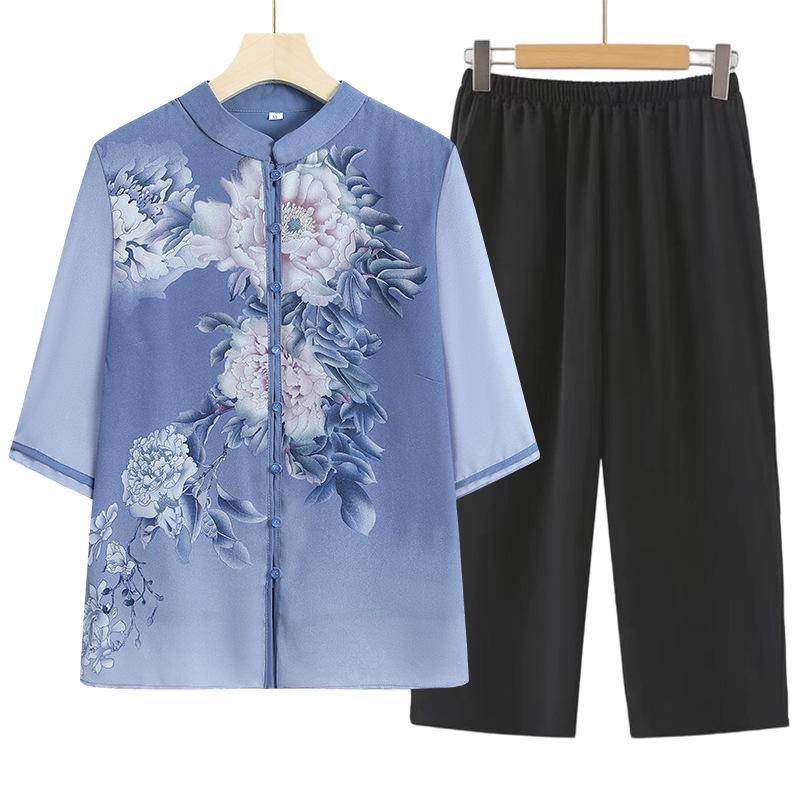 Summer Style Chiffon Cardigan for Elderly Mothers - Mid-Sleeve Chinese Design