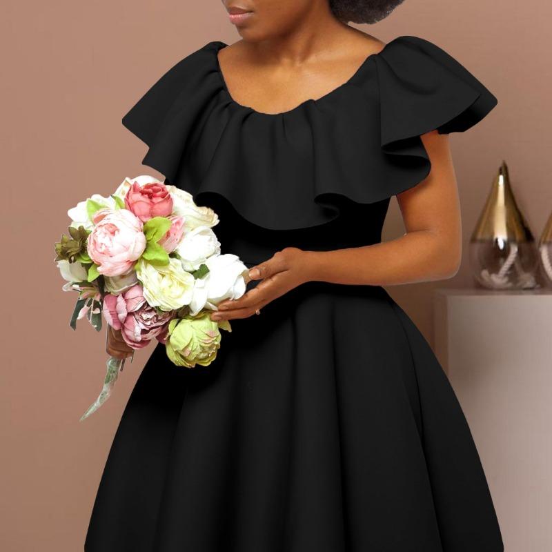 Women Elegant Ruffled High Waist A Line Midi Evening Party Dress