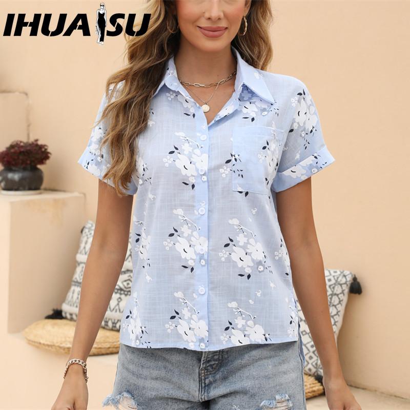 IHUASU Women's Fashion Casual Short Sleeve POLO Neck Blouses & Shirts