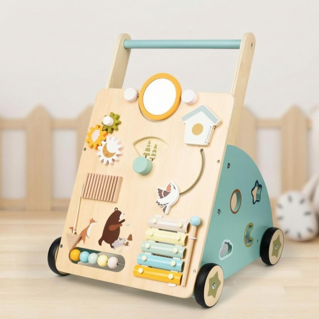 Wooden Baby Stroller Adjustable Interactive for Nursery