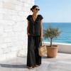 2026 Cross-border European and American romantic French light luxury vacation ruffle V-neck top and loose wide-leg pants set