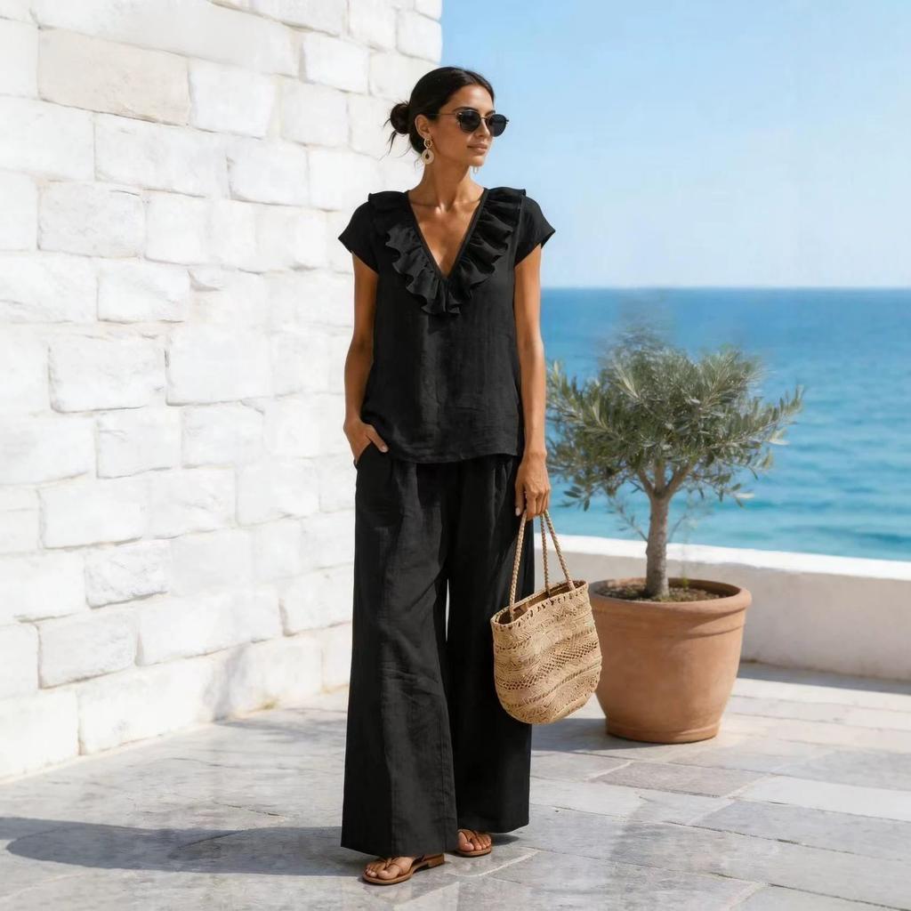 2026 Cross-border European and American romantic French light luxury vacation ruffle V-neck top and loose wide-leg pants set