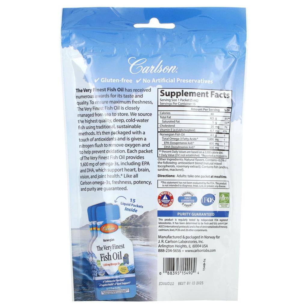 Norwegian, Premium Fish Oil, Natural Lemon, 15 Packs, 5Ml Each