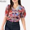 ZANZEA Women Summer Lace Splice V-Neck Short Sleeve Floral Print Blouse