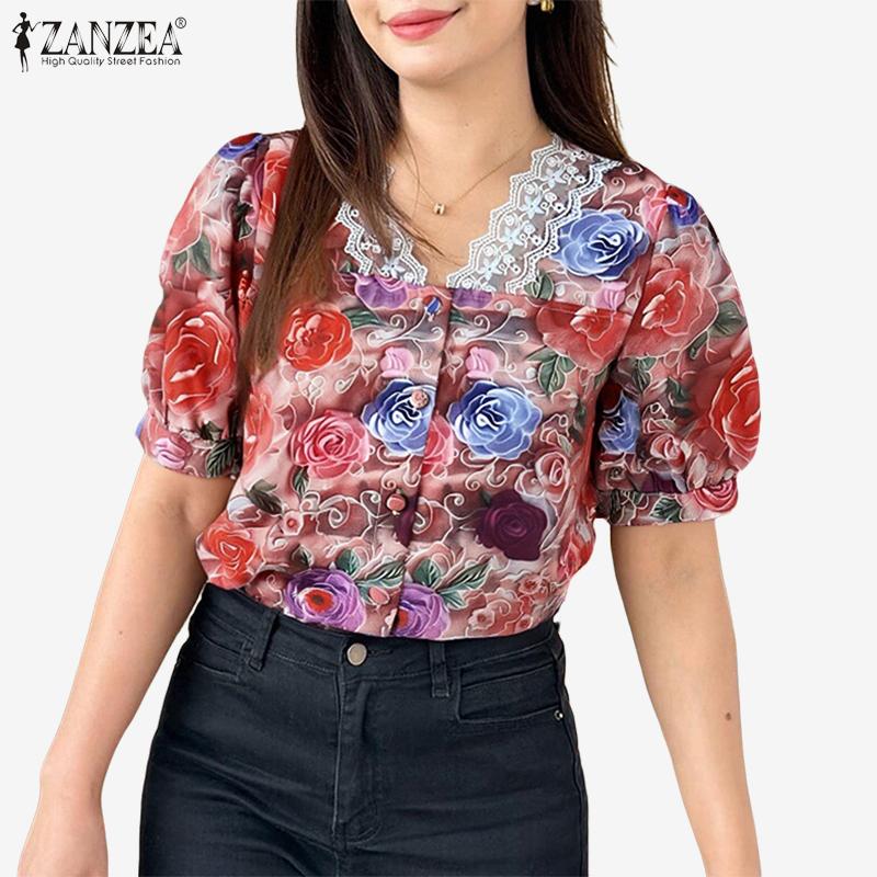 ZANZEA Women Summer Lace Splice V-Neck Short Sleeve Floral Print Blouse