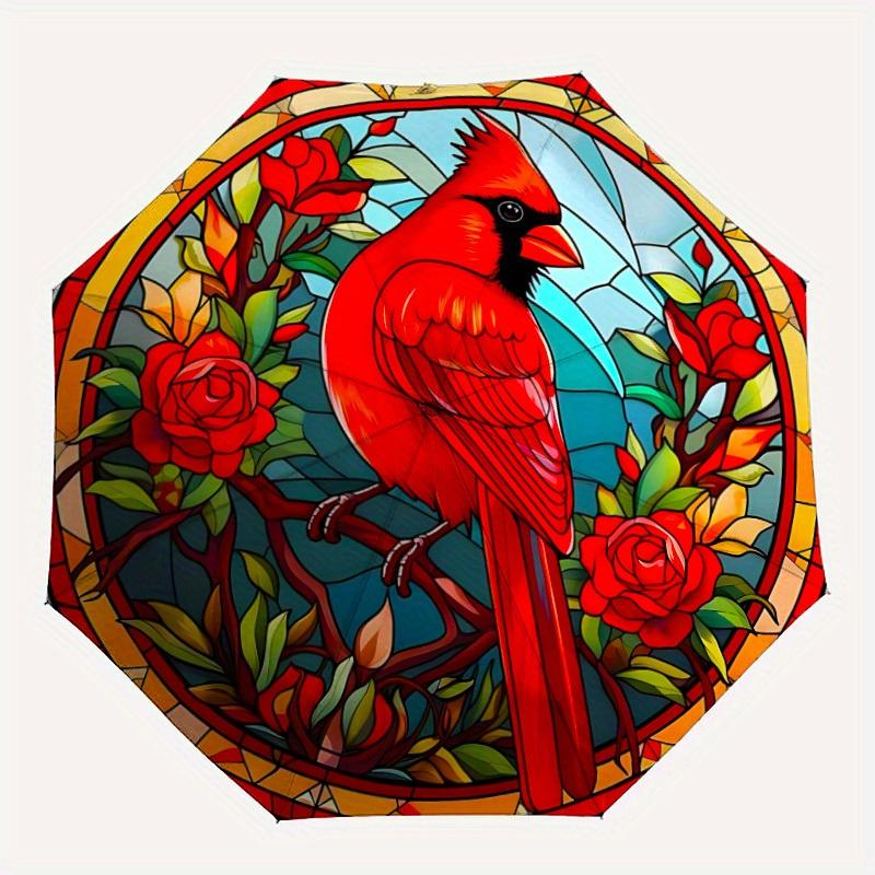 

1pc Stained Glass Cardinal Automatic Open/Close Umbrella with Windproof, Functional Design, 8-Rib Sturdy Canopy, Durable Ribs,091
