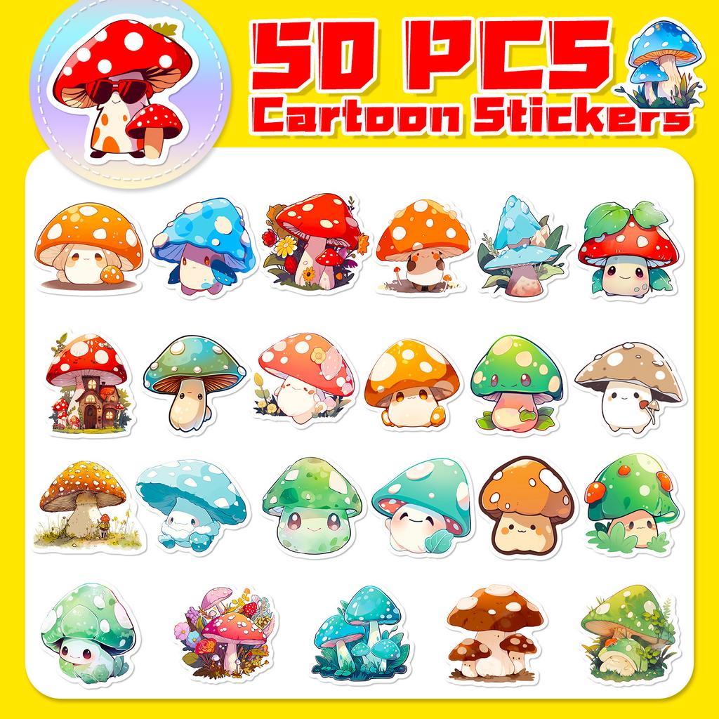 50 Hand-painted Mushroom Stickers Psychedelic Retro Cute Mushroom Cute Colorful Doodle Stickers