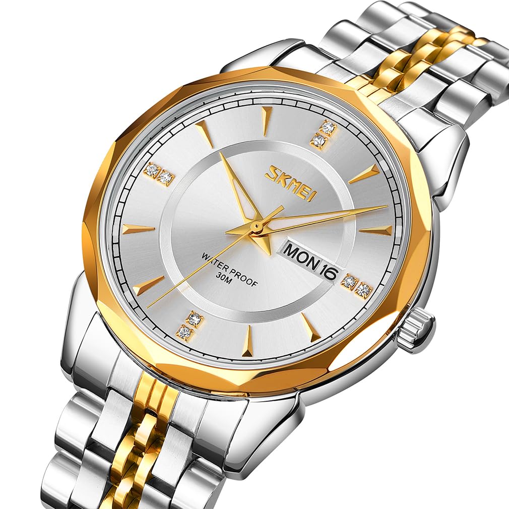 SKMEI Men's Watch Gold Silver Stainless Steel Business Classic Wristwatch Gentleman Waterproof Analog Stylish Simple Date Day Luxury Gift Silver