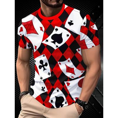 Men's Red Trim Crew Neck T Shirt 3D Poker Card Rhombus Plaid Print Casino Party Casual Street Tops