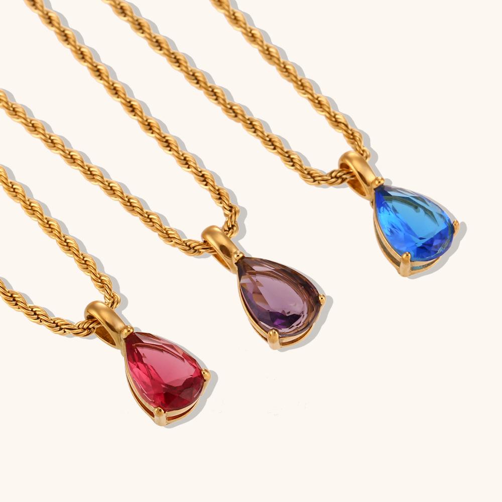 Rz Vintage Non-Tarnish Snake Chain Cross Water Drop Pendant Necklace Stainless Steel 18K Gold Plated Birthstone Women's