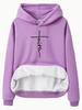 European Size Fleece Lined Women's Hooded Sweatshirt with Kangaroo Pocket and Cross Print - Long Sleeve, Autumn/Winter