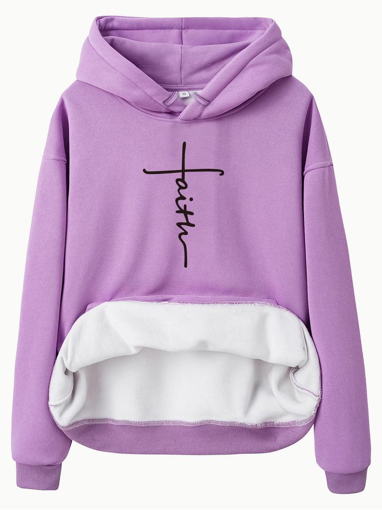European Size Fleece Lined Women's Hooded Sweatshirt with Kangaroo Pocket and Cross Print - Long Sleeve, Autumn/Winter